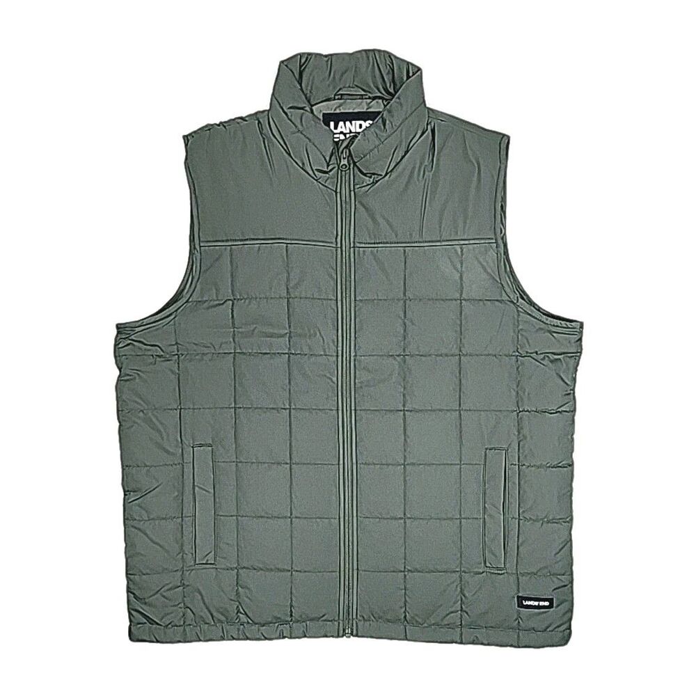 Lands End Puffer Vest Green Men Sz Large 42-44 Zip Pockets Quilted Polyester